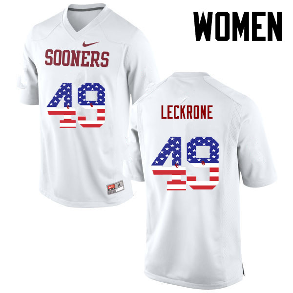 Women Oklahoma Sooners #49 Matthew Leckrone College Football USA Flag Fashion Jerseys-White - Click Image to Close